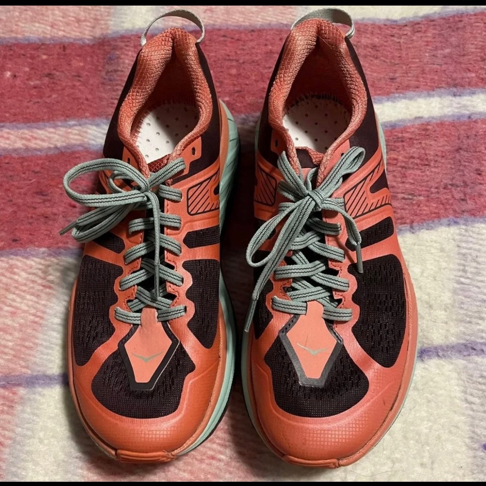 Hoka One One Coral and Black Athletic Shoes